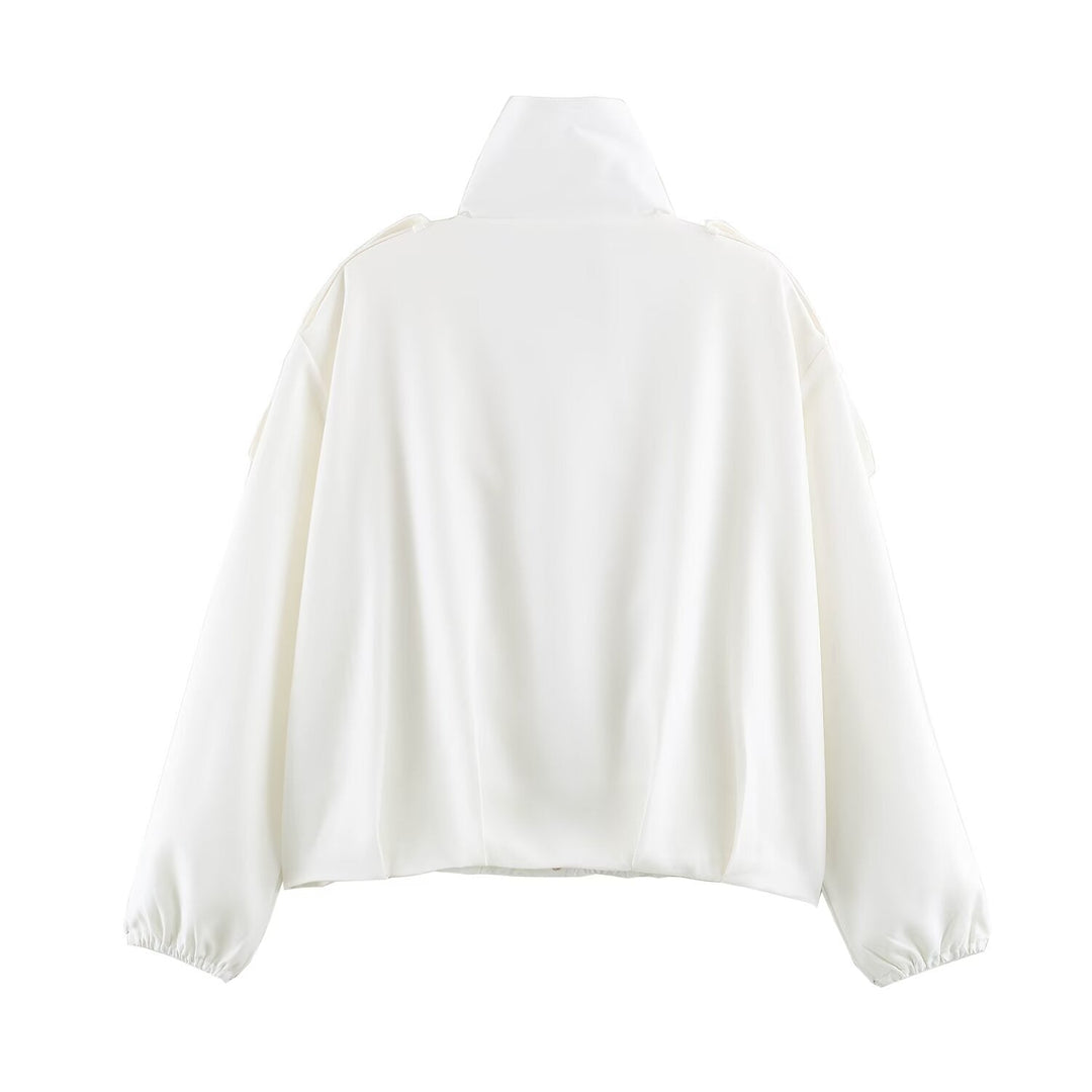 Dam Oversize Blouson Jacka med Hög Stå Krage, Shoulder Patches och Elastic Nederkant