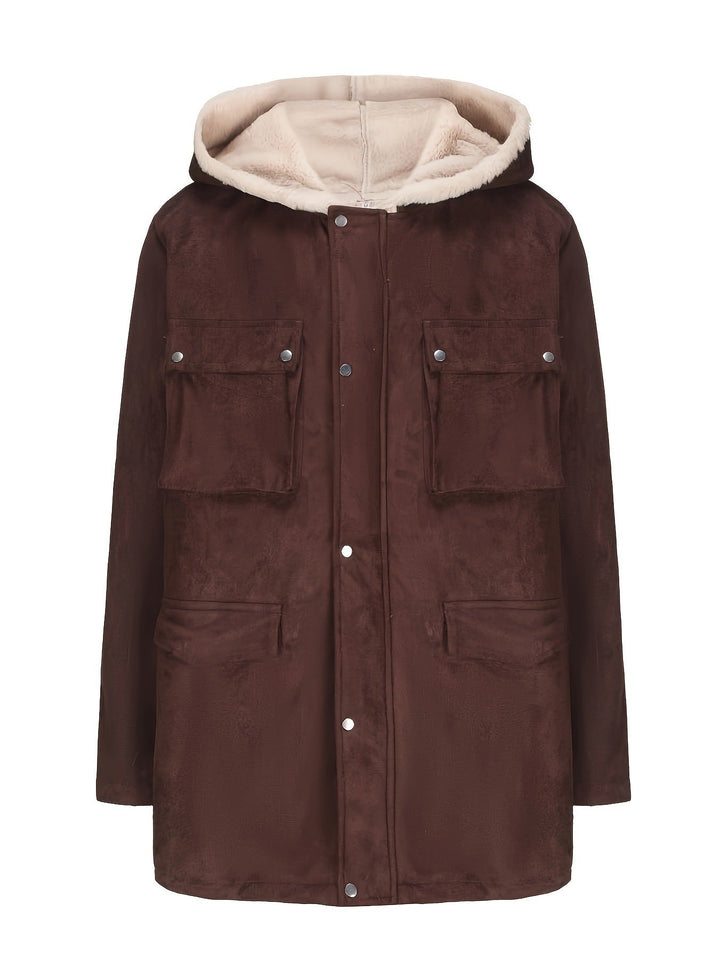 Herr Parka i Fält Stil med Teddyfoder i Huva, Utanpåfickor och Snap Fastening