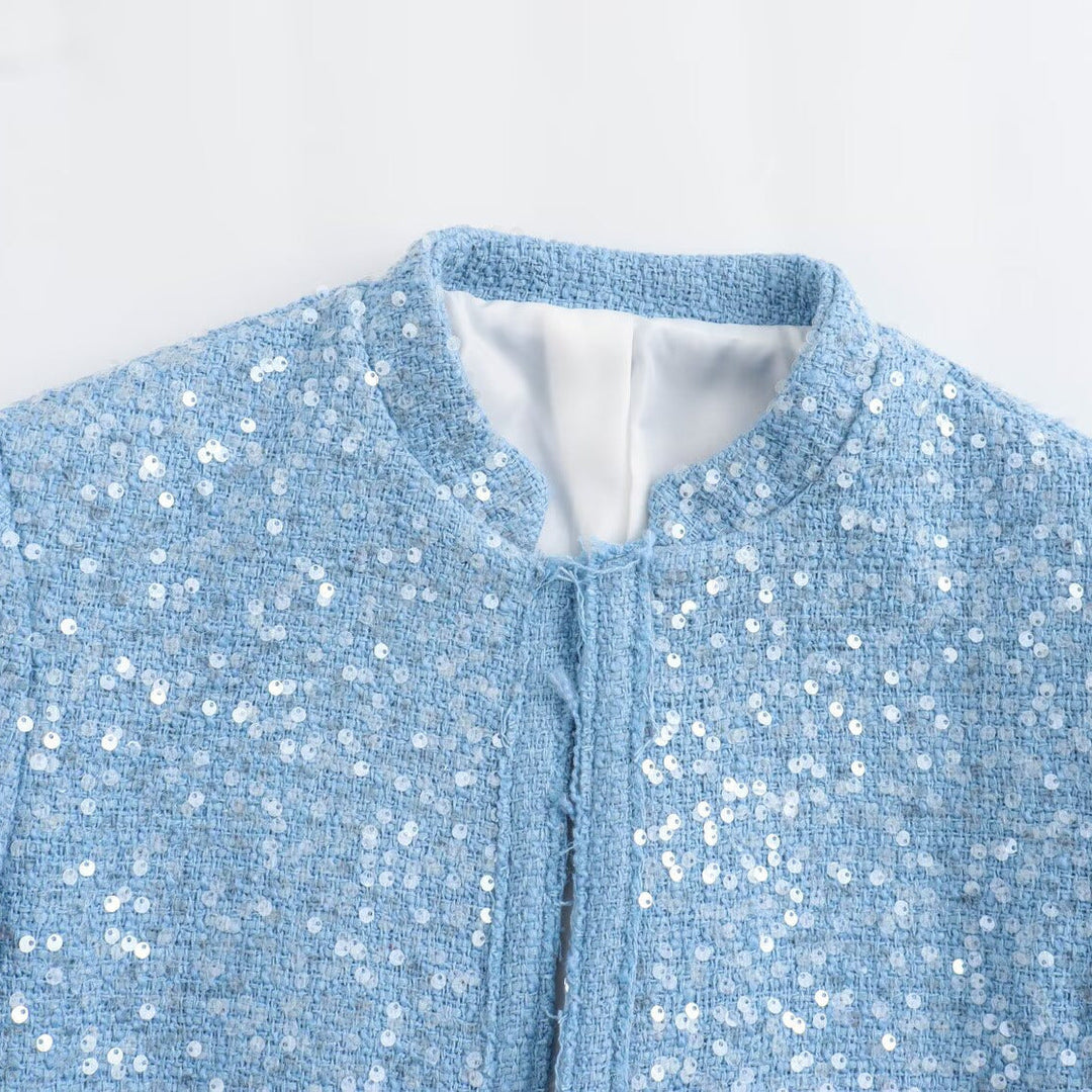 Dam Kort Kort Boucle Tweed Jacka med Sequin Kant och Lockfickor
