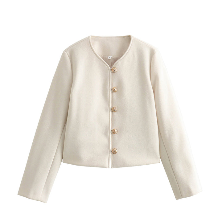 Dam kort skärning ull look jacka med round neckline och decorative metal knäppning