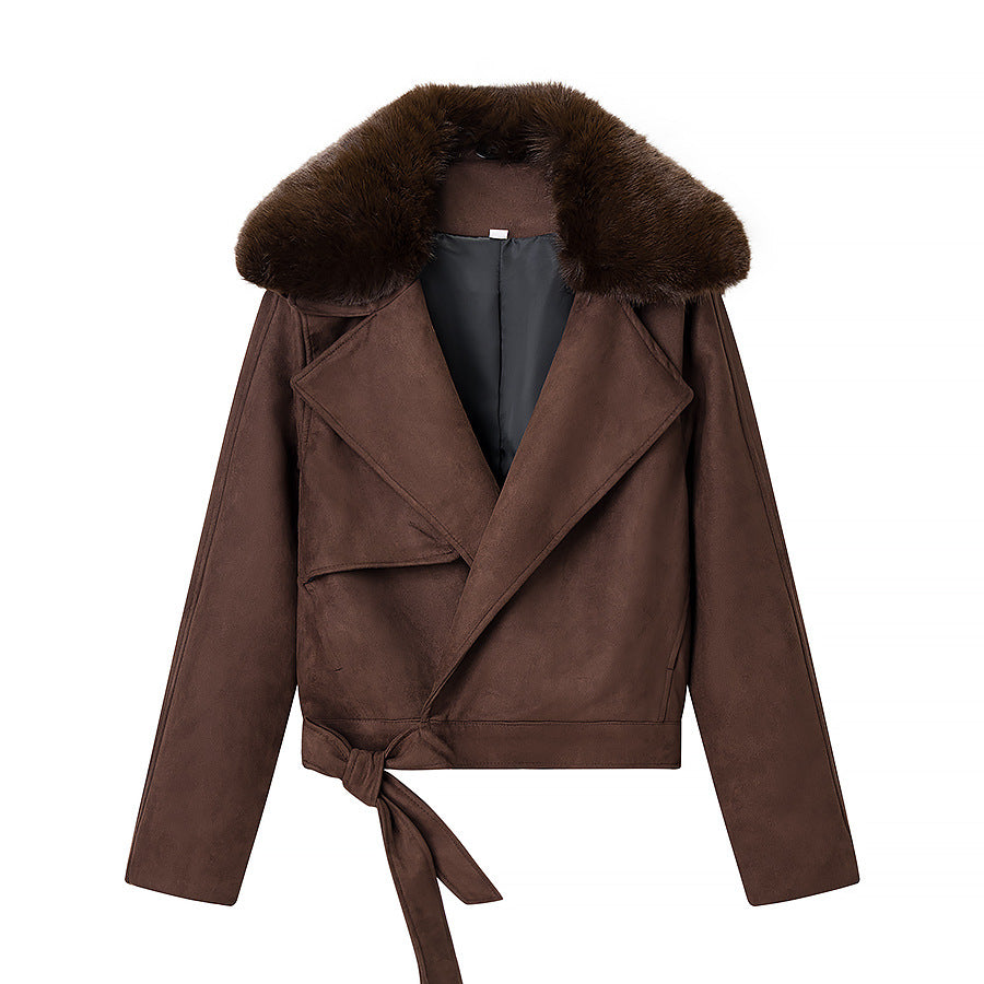 Dam kort Motorcycle jacka in mocka look med Voluminous teddy krage
