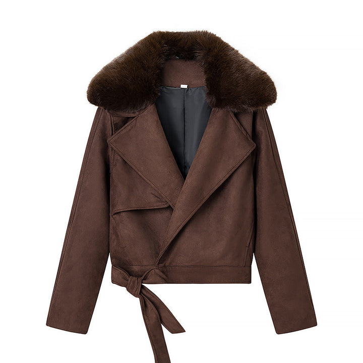 Dam kort Motorcycle jacka in mocka look med Voluminous teddy krage