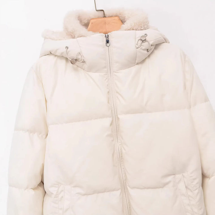 Dam quiltad hooded down-look jacka med teddy foder och hög krage