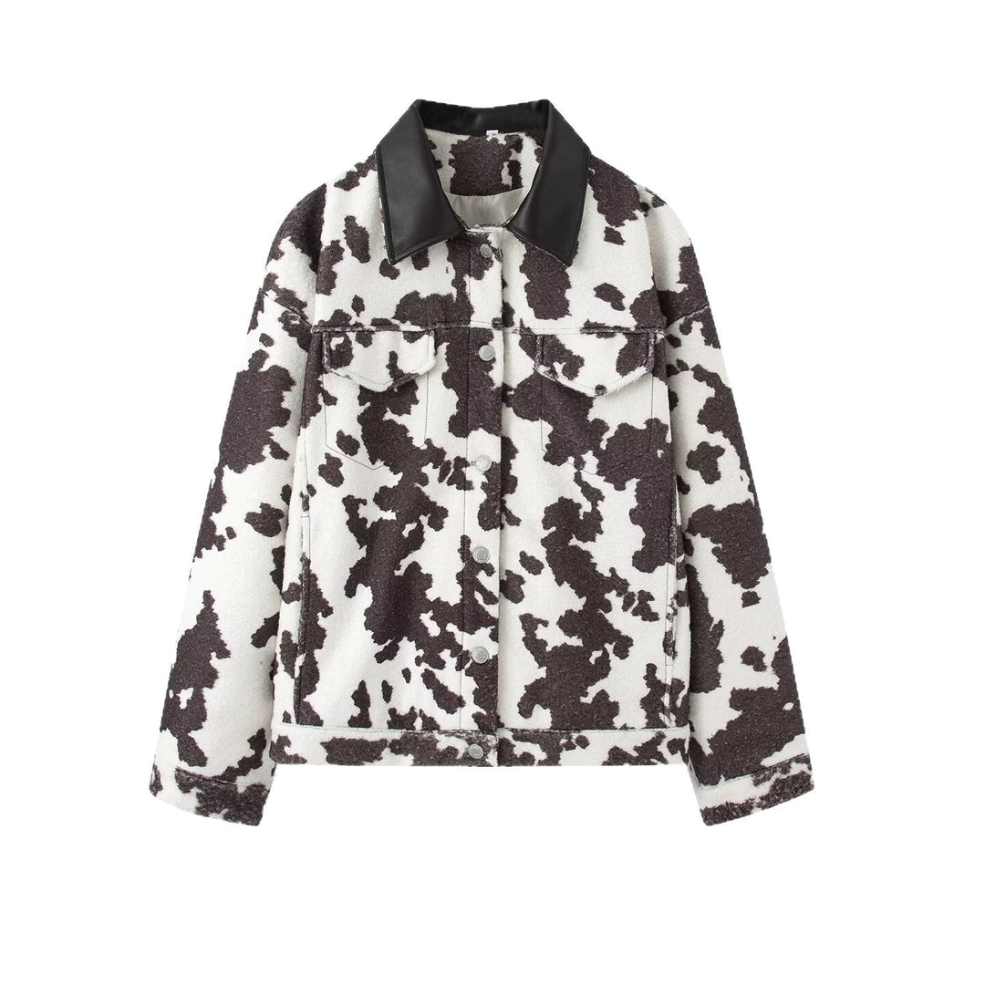 Dam Teddy Trucker Jacka med Cow Spot Mönster och Konstläder Krage