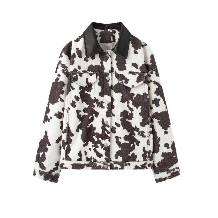 Dam Teddy Trucker Jacka med Cow Spot Mönster och Konstläder Krage