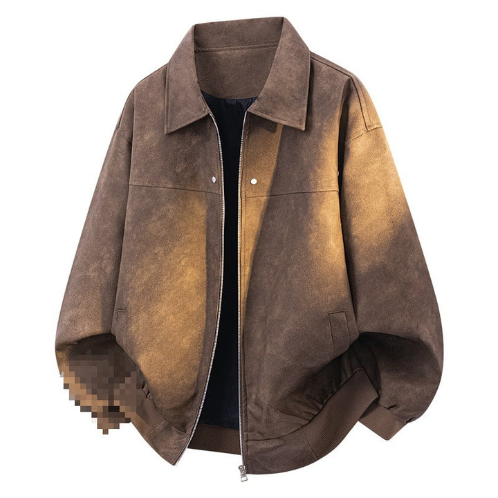 Herr Oversize Blouson Jacka i Velour Look med Boxig Siluett, Two-Sided Dragkedja &amp; Ribbstickad Fåll