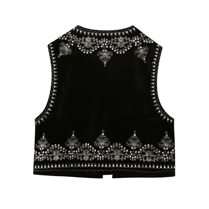 Dam Embroidered Velvet Kort Väst med Bead och Sequin Kant