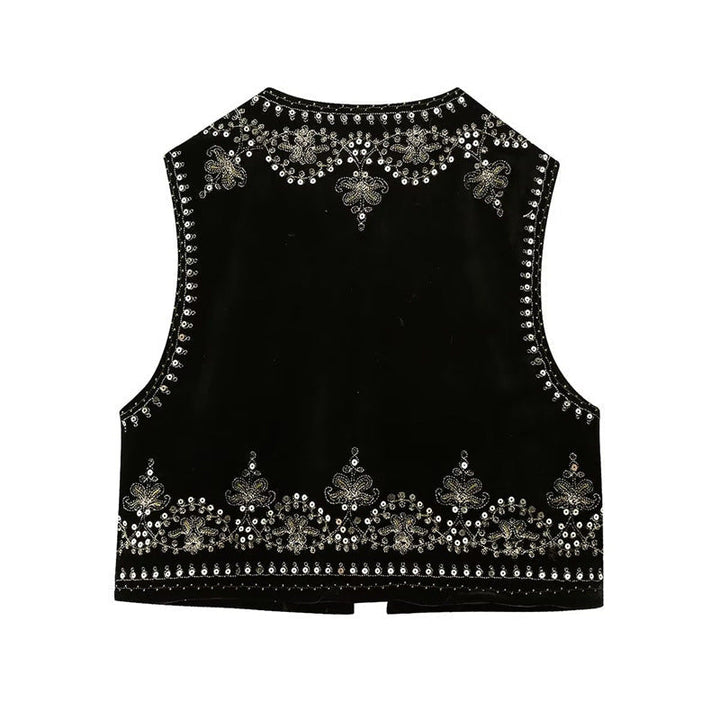 Dam Embroidered Velvet Kort Väst med Bead och Sequin Kant