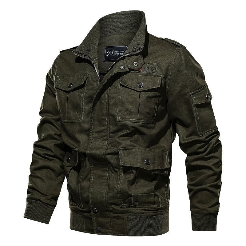 Herr Military-Inspired Canvas Fältjacka med Epaulettes, Flera Fickor och Ribbad Fåll