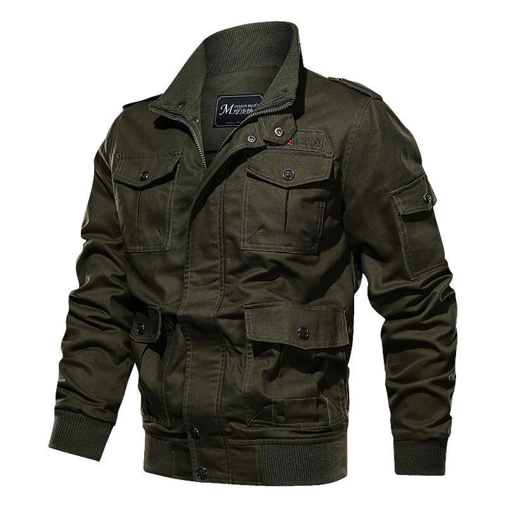Herr Military-Inspired Canvas Fältjacka med Epaulettes, Flera Fickor och Ribbad Fåll