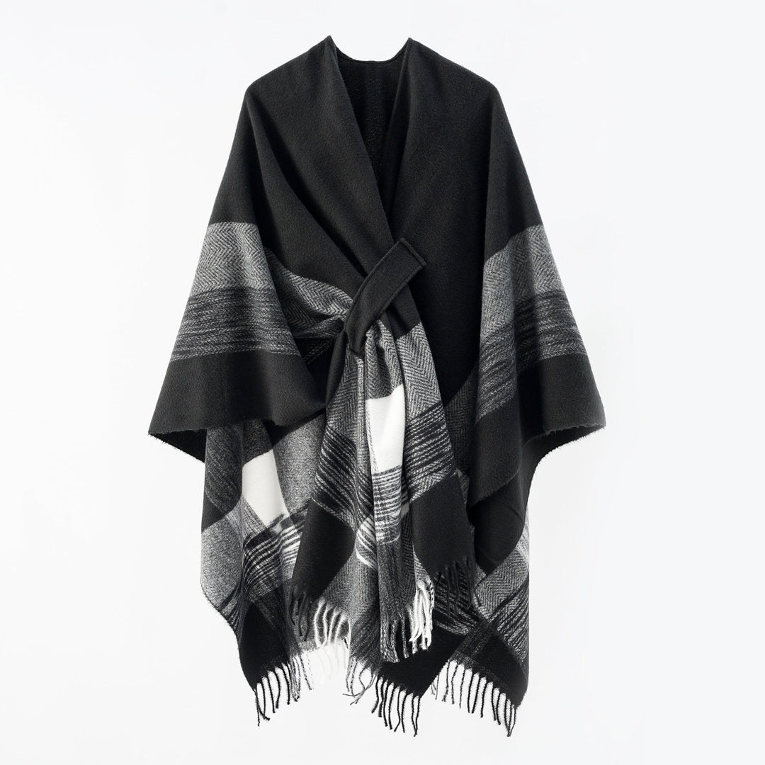 Dam lätt ullblandning kimono skärning Overlay med Herringbone kant och fransfåll