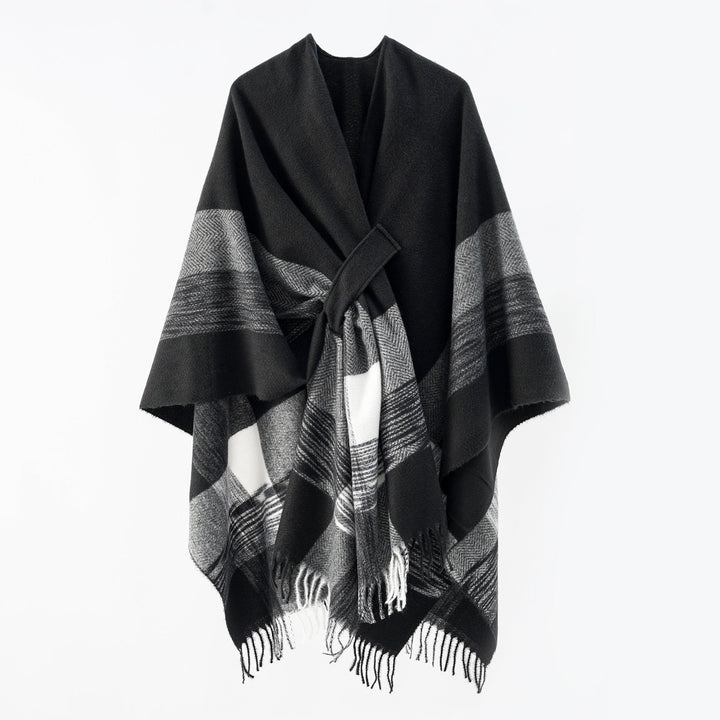 Dam lätt ullblandning kimono skärning Overlay med Herringbone kant och fransfåll