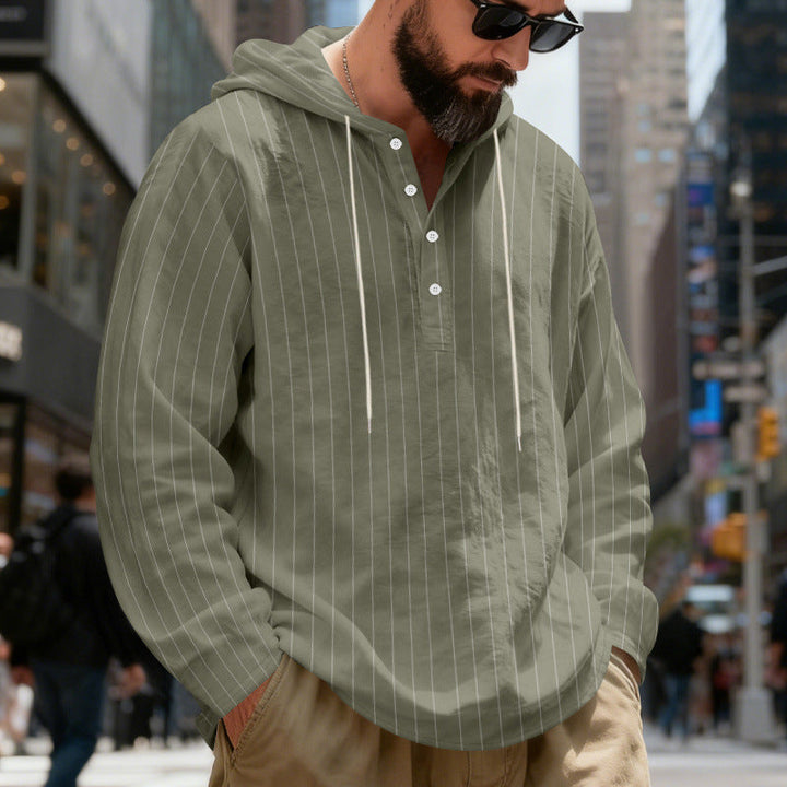 Herr Lätt Luvtröja Henley Skjorta med Fin Pinstripes