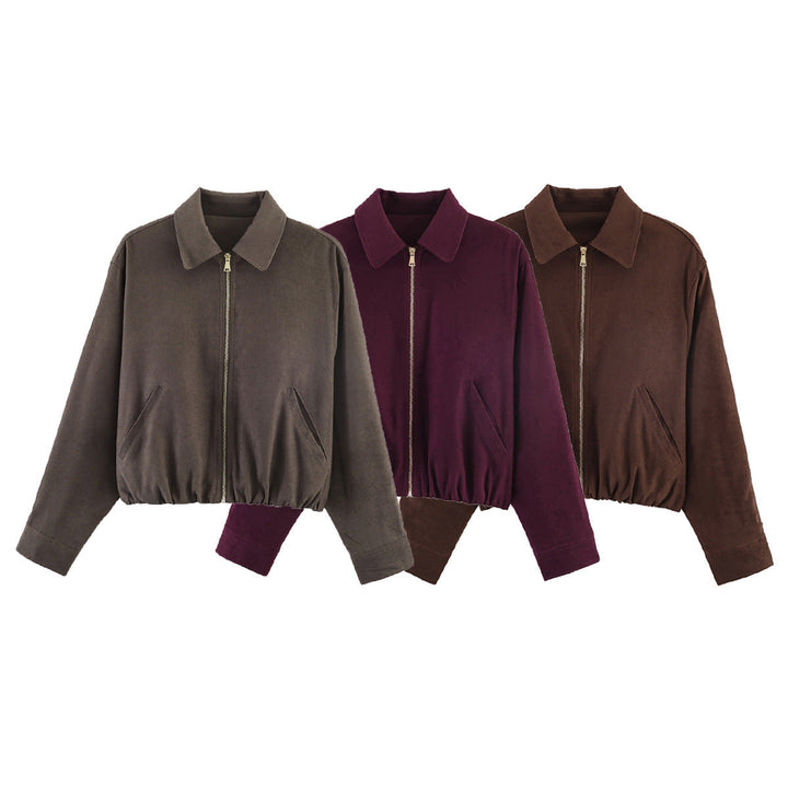 Dam kort skuren mocka look bomber jacka med dragkedja, elastic fåll och diagonal sidofickor