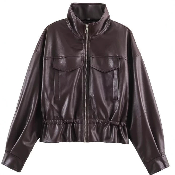 Dam Kort Faux Läder Blouson med Stå Krage, Lock Fickor och Drawstring Waist