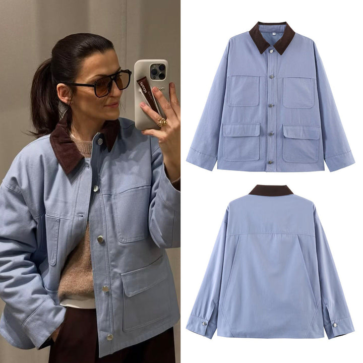 Dam Oversize Utilityjacka med Contrast Krage och Applied Fickor