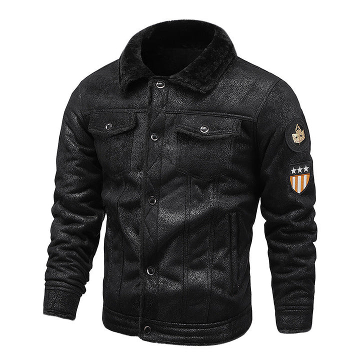 Herr pilot jacka tillverkad av synthetic läder med teddy päls foder och patch