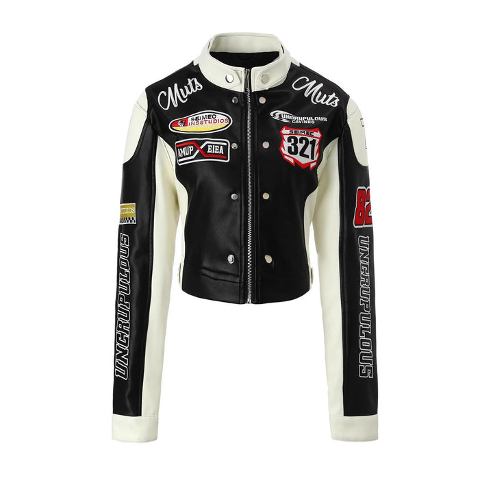 Dam Trendig Bikerjacka med Embroidered Patches