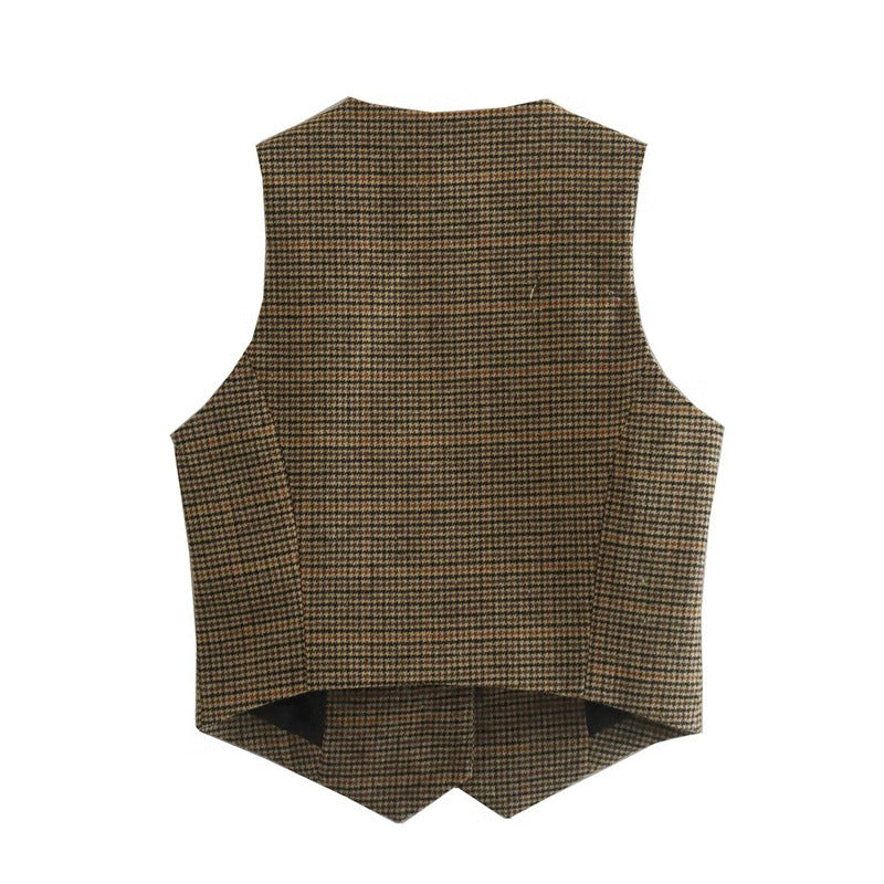 Dam skräddad Houndstooth väst med V-ringning, knapp-Free stängning och Welt fickor