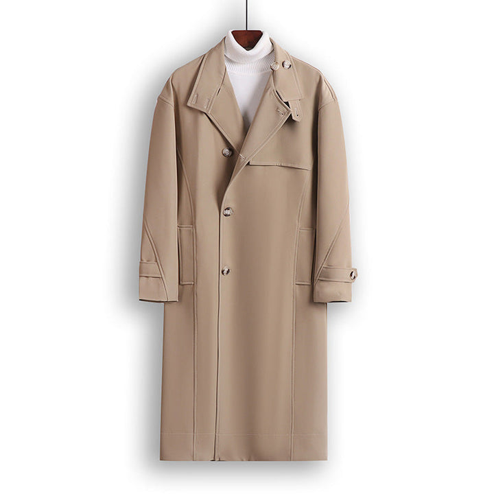 Herr Lång-Skärning Minimalistisk Trench Kappa med Sjalkrage Krage och Justerbar Ärm Remmar
