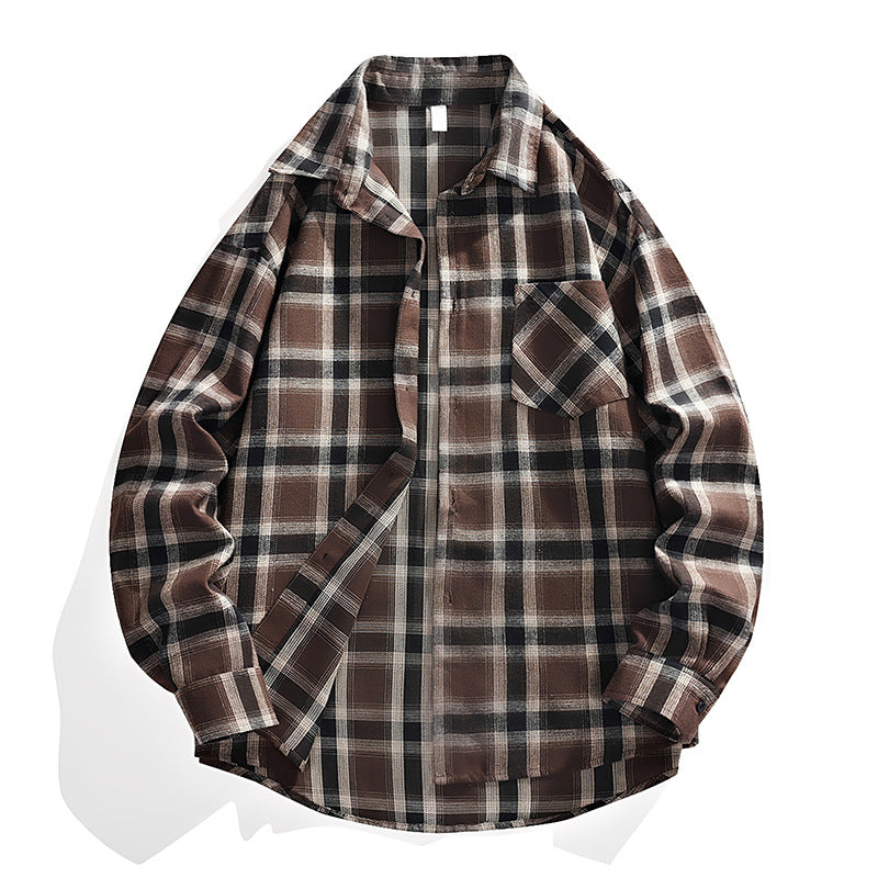 Herr Oversized Rutig Flannel Skjortjacka med Breast Ficka och Rundad Fåll