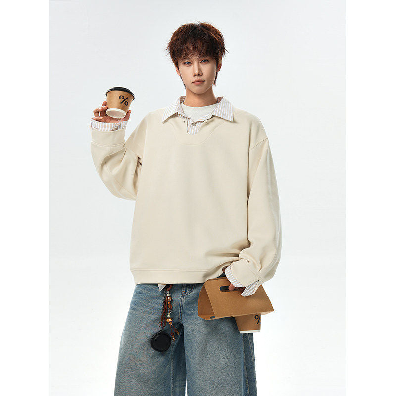 Herr Oversized College-Tröja med V-Notch Krage och Drop Axel