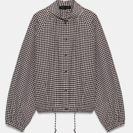 Dam Kort Blouse Jacka i Rutig Mönster med Hög Krage och Drawstring Nederkant