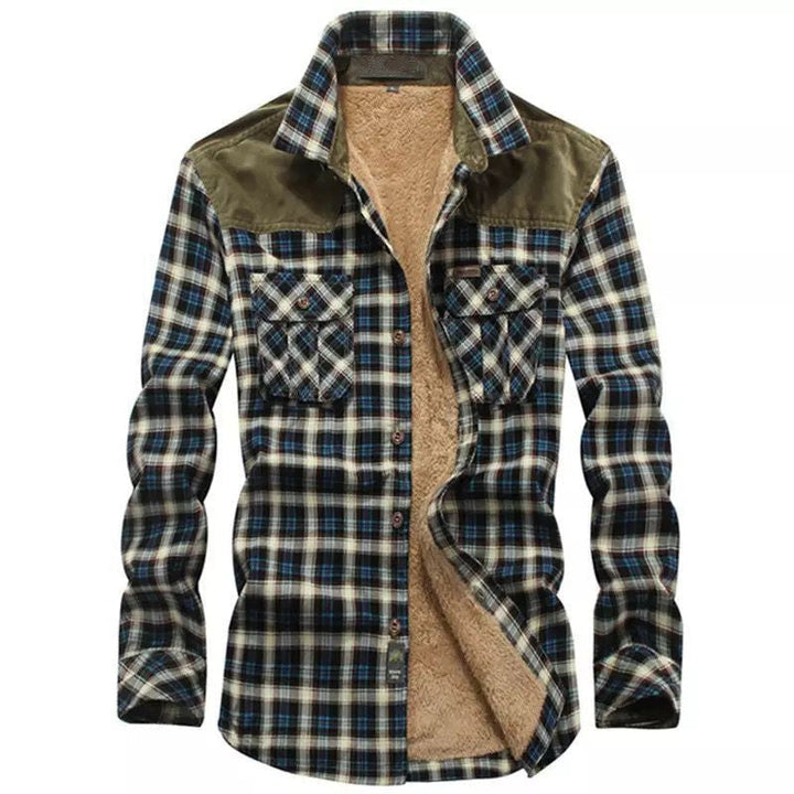 Herr rutmönster flanell jacka med teddyfoder, velvet trim, och breast fickor
