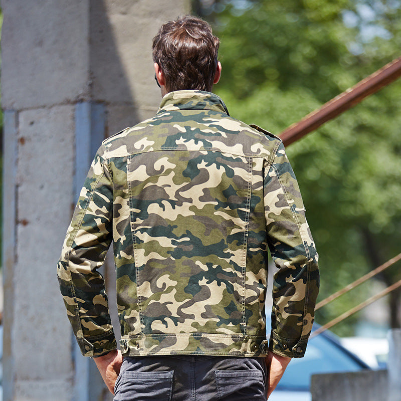 Herr Kamouflage Fältjacka i Militär Utility Stil med Epaulettes, Flera Fickor, och Dragkedja