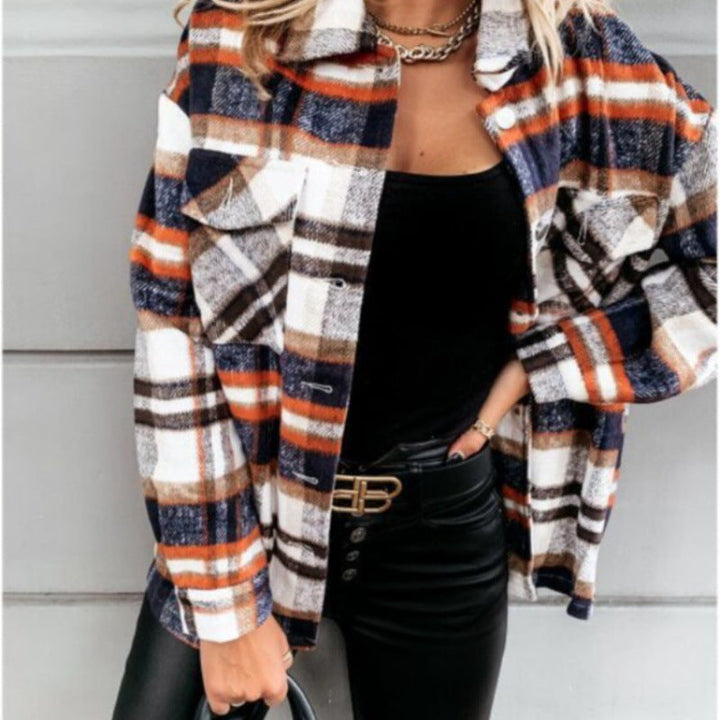 Dam oversized Check Shirt jacka med Snap knappar och Patch bröstfickor