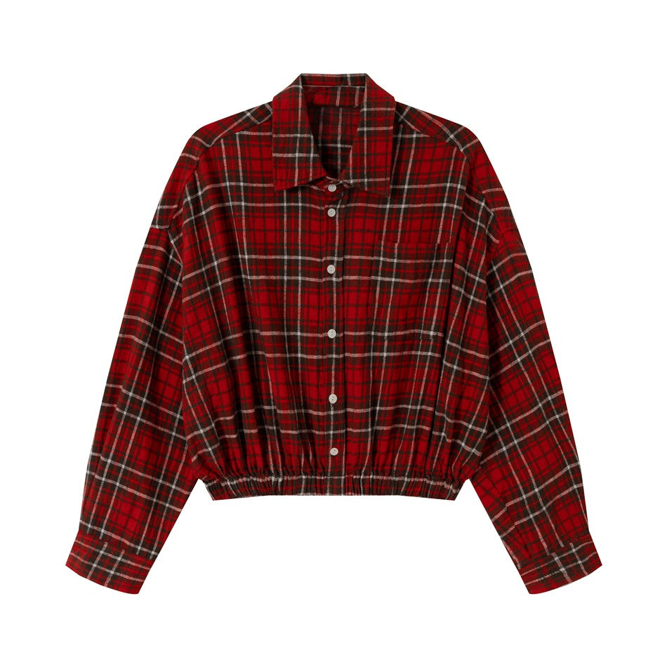 Dam Kort Skärning Oversized Skjorta Jacka i Check Flanell med Elastic Fåll
