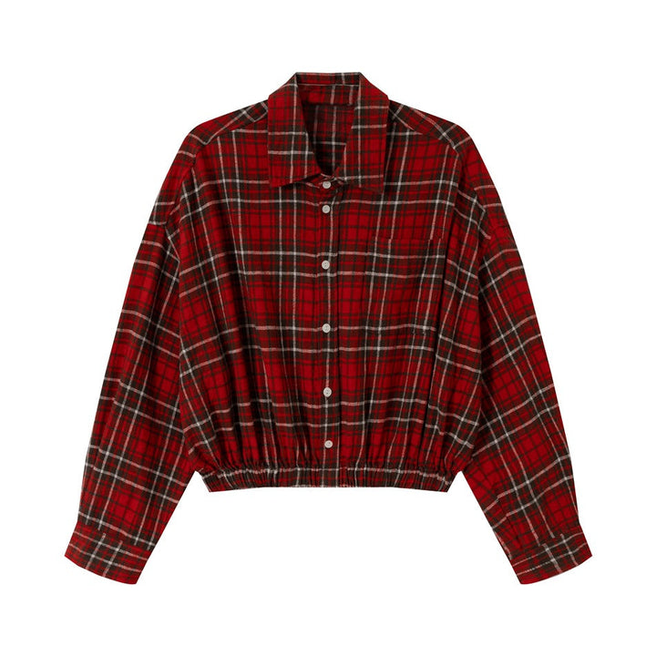 Dam Kort Skärning Oversized Skjorta Jacka i Check Flanell med Elastic Fåll