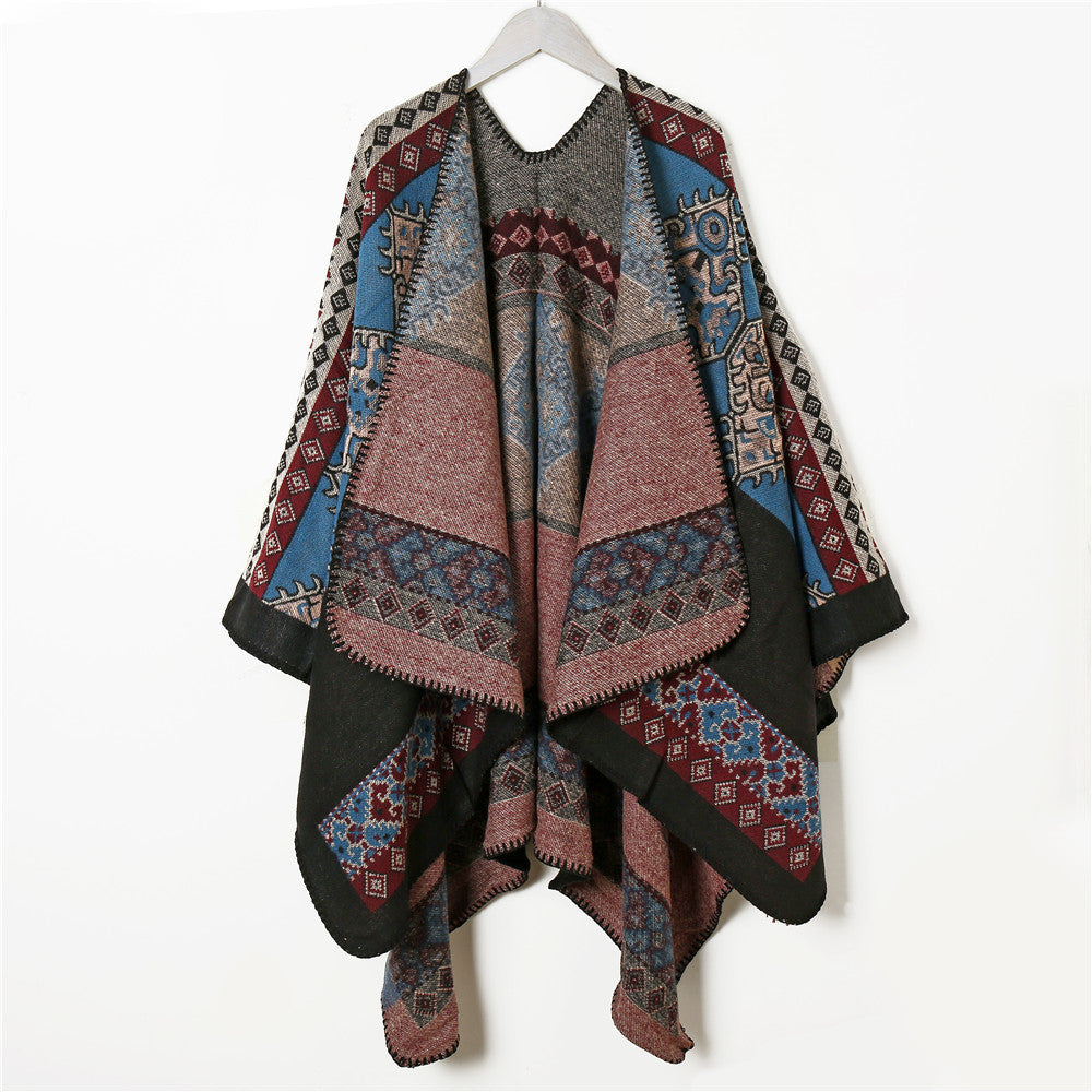 Dam ullblandning jacquard capeponcho i ethnic look med decorative stitch