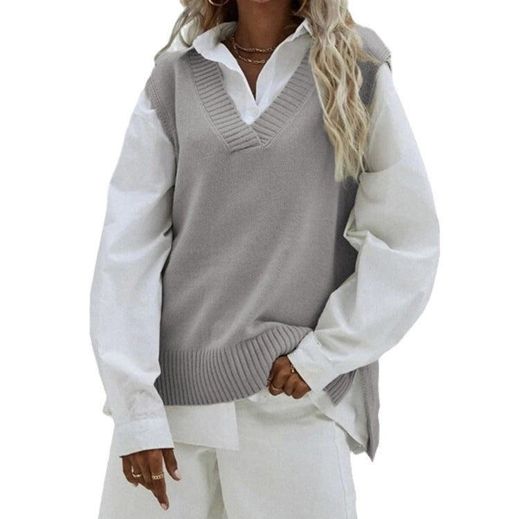 Dam Sleeveless stickad väst med V-Neck och Side Slits