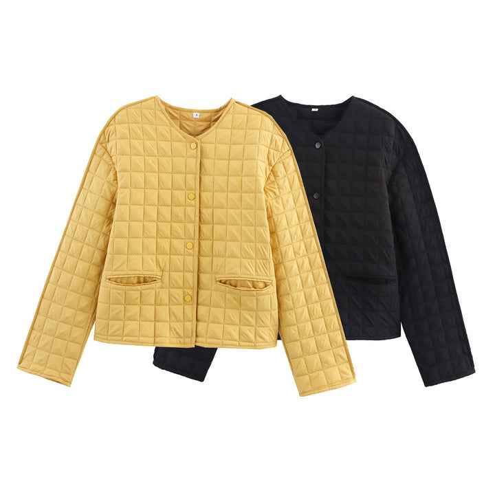 Dam Quiltad Jacka med Round Neckline, Lätt Padding och Piped Fickor