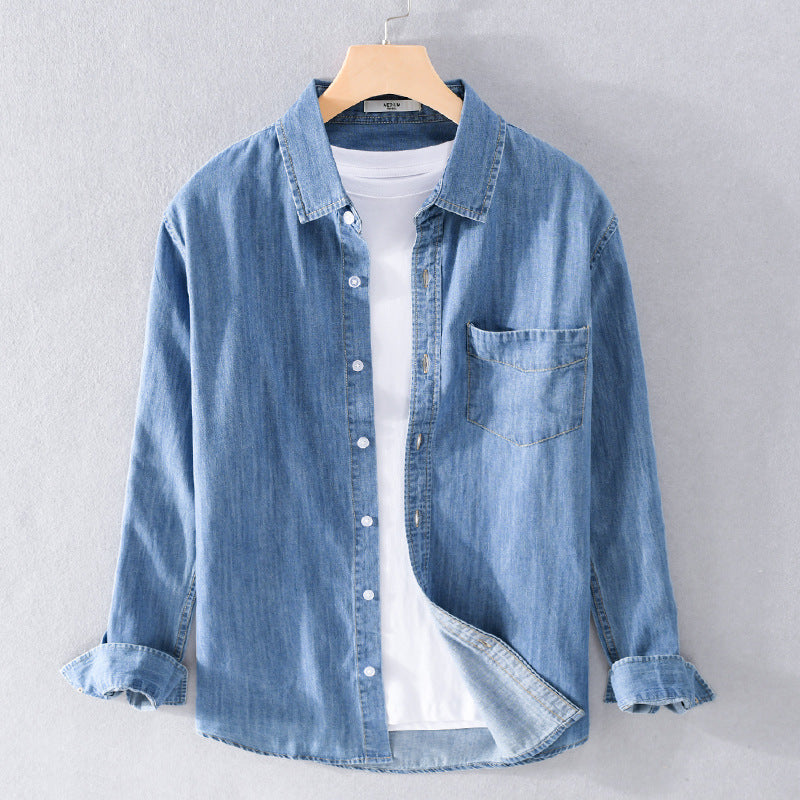 Herr Washed-Denim Överskjorta i Ledig Passform med Bröstficka och Kontrasterande Stitching