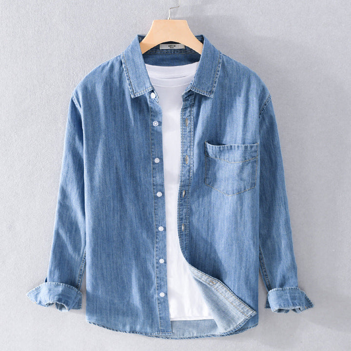 Herr Washed-Denim Överskjorta i Ledig Passform med Bröstficka och Kontrasterande Stitching