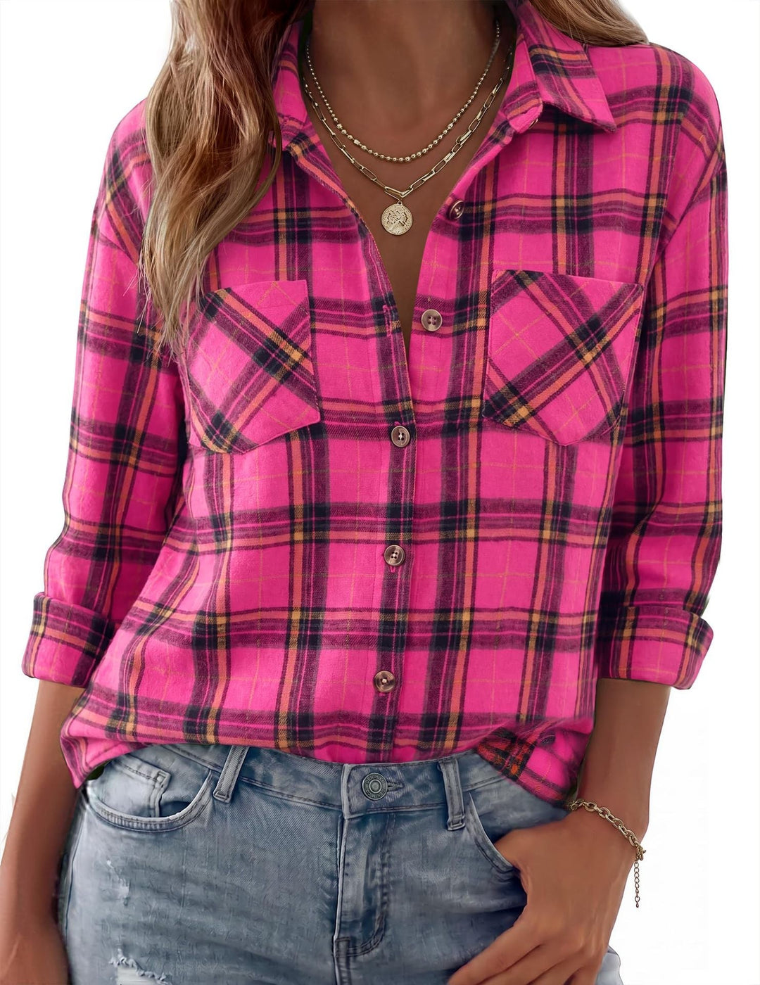 Dam Rutig Oversized Flanell Skjorta Jacka med Bröst Fickor