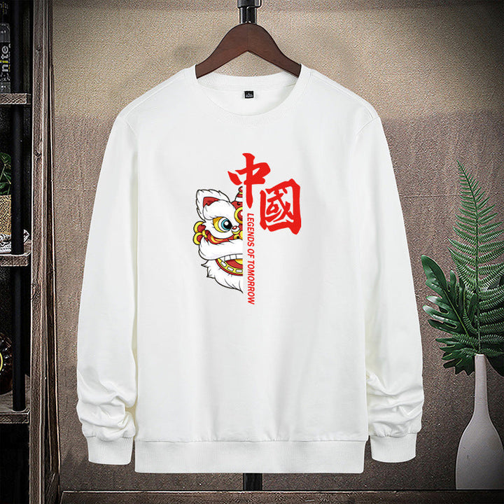 Herr College-Tröja med Traditional Lion Dance Motif och Round Neckline