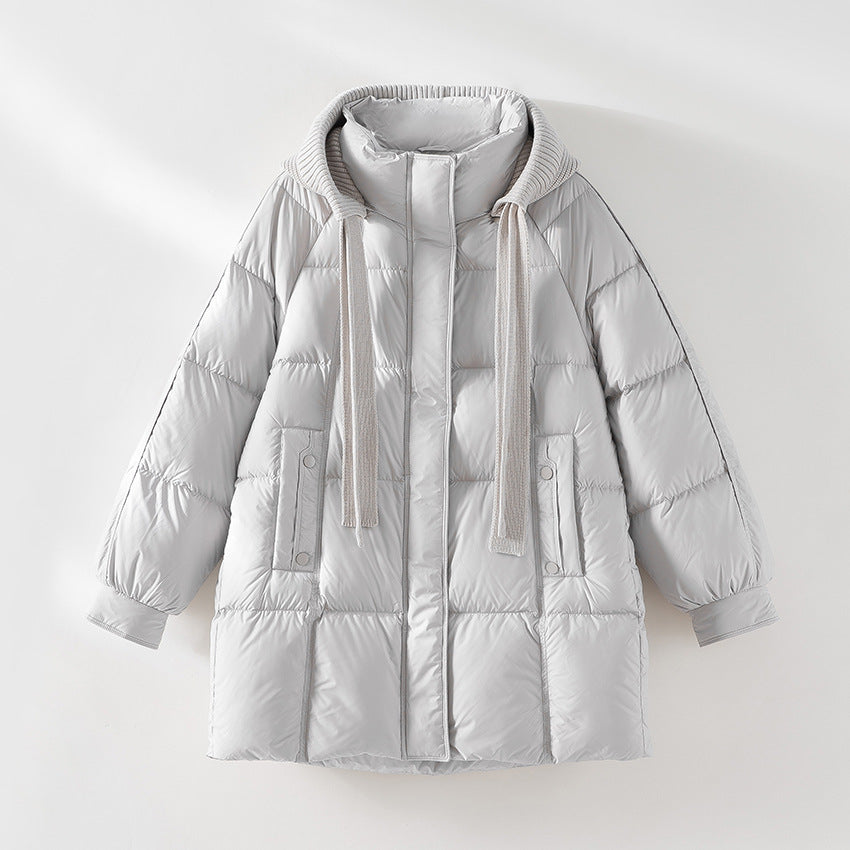 Dam vadderad kviltad jacka med huva ribbed krage lös passform och midi length