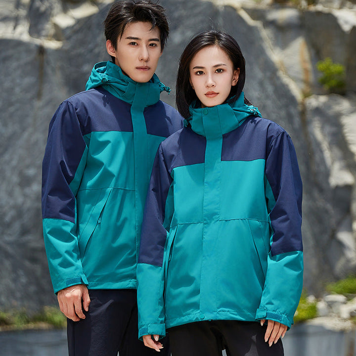 Unisex två-layer vattenavvisande utomhusjacka med huva och färg block design