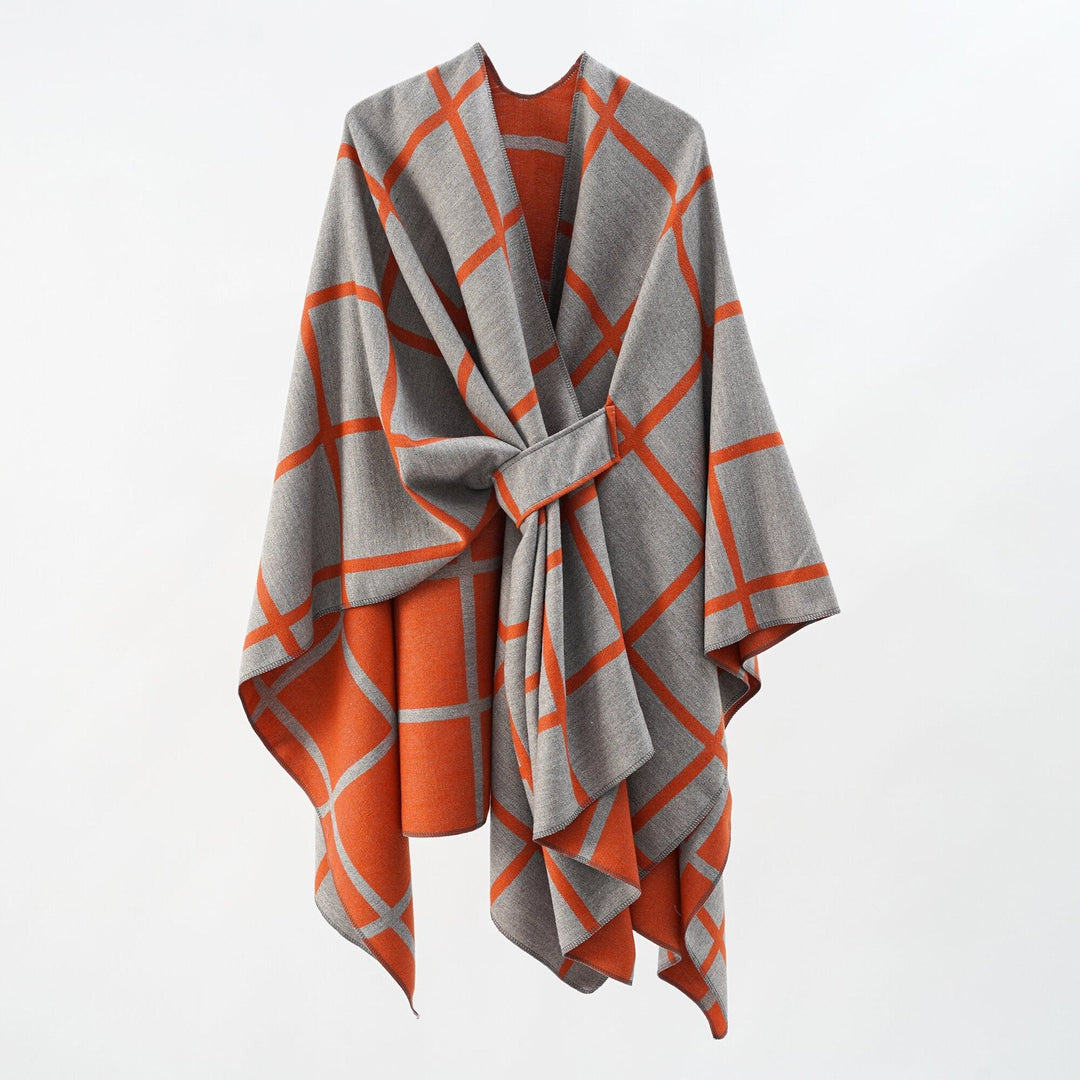 Dam Oversize ullblandning poncho med bälte och Check mönster