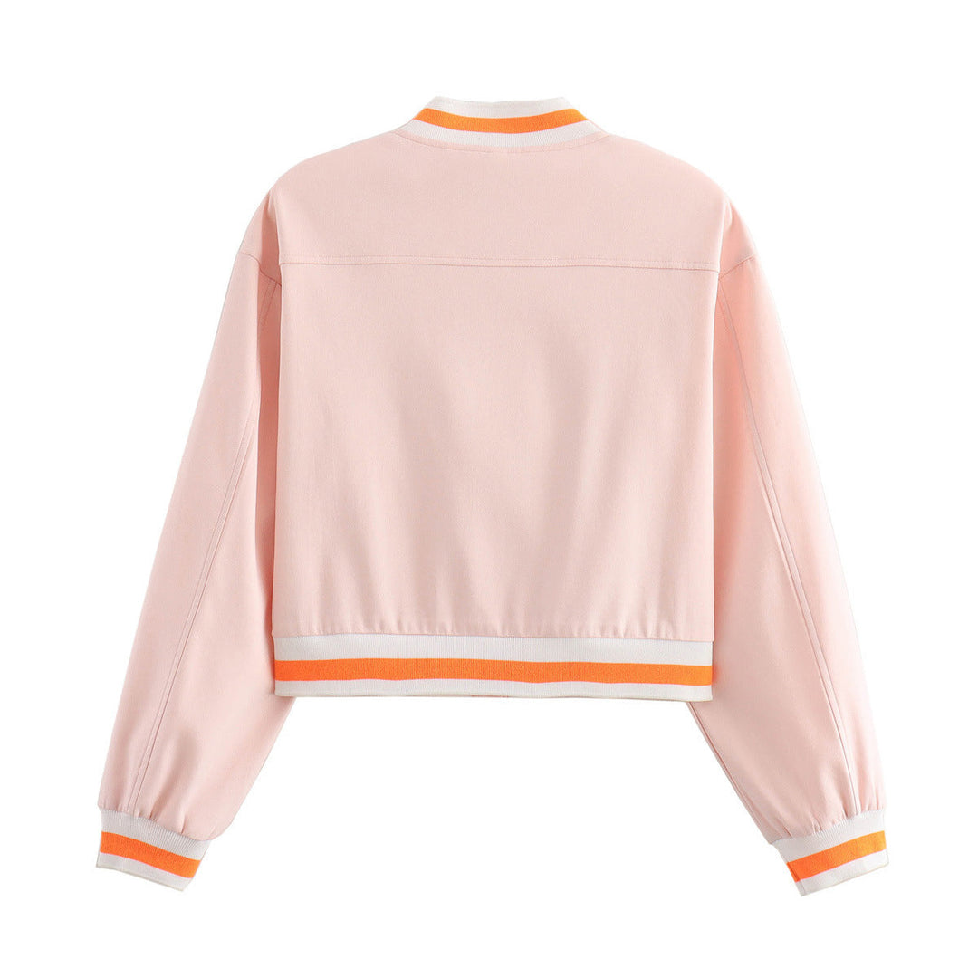 Dam cropped blousonjacka med snap knäppning, randig ribbstickade muddar och patch bröstfickor