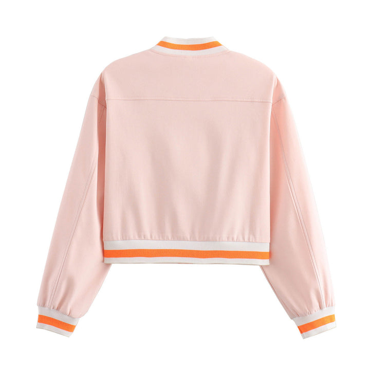 Dam cropped blousonjacka med snap knäppning, randig ribbstickade muddar och patch bröstfickor