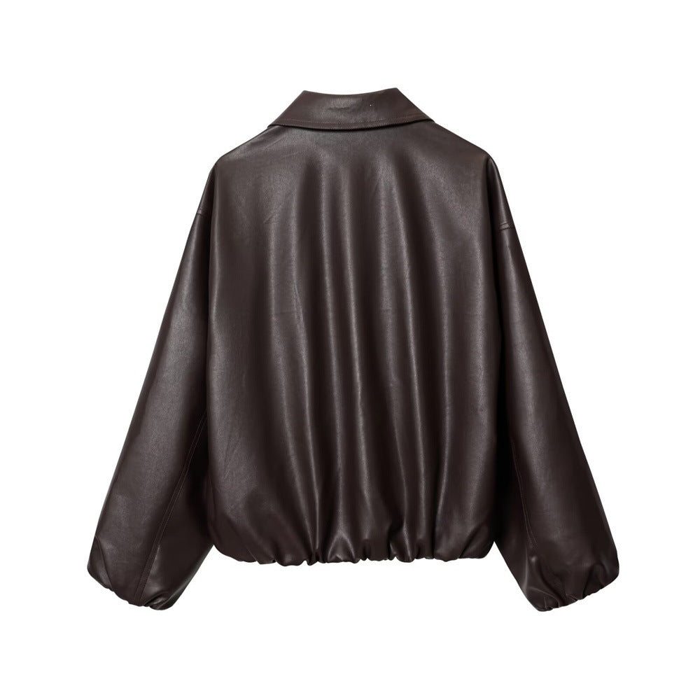 Dam kort skuren oversize blouse jacka gjord vegan läder med skjortkrage och elastic fåll