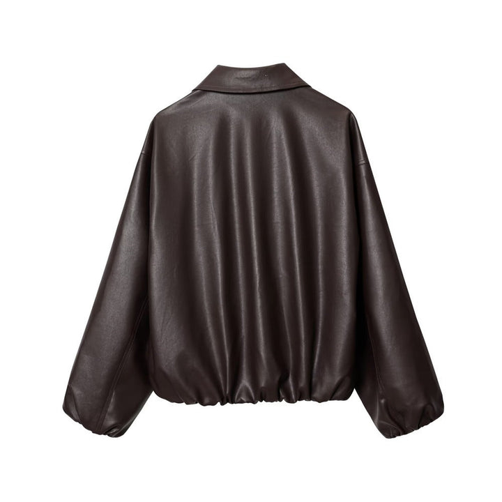 Dam kort skuren oversize blouse jacka gjord vegan läder med skjortkrage och elastic fåll