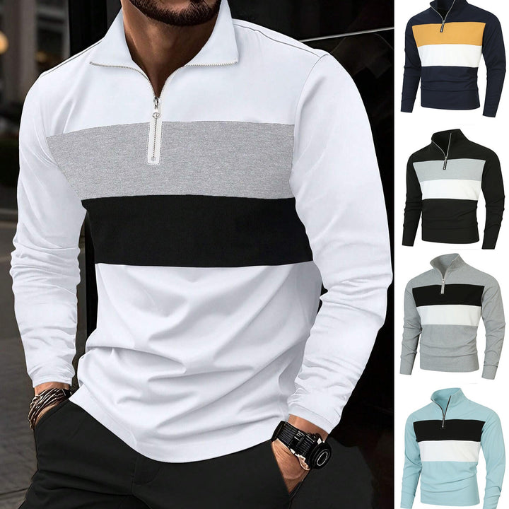 Herr Halv Dragkedja Pullover med Ståkrage, Bred Block Rand, och Finely Ribbad Texture
