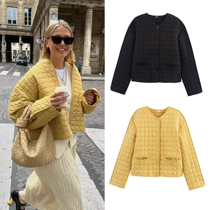 Dam Quiltad Jacka med Round Neckline, Lätt Padding och Piped Fickor