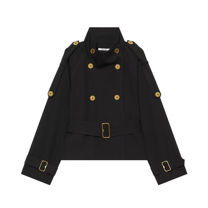 Dam kort Double-Breasted trenchcoat med Waistbelt, Epaulettes och Gold-Colored detaljer