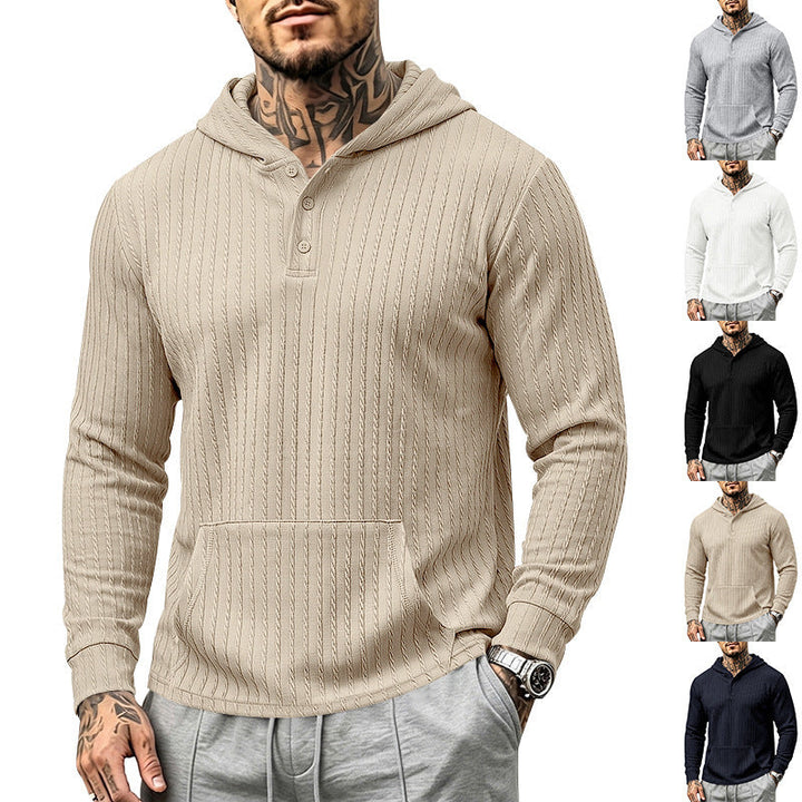 Herr Strukturerad med Huva Henley Tröja med Känguruficka och Cable Stickad